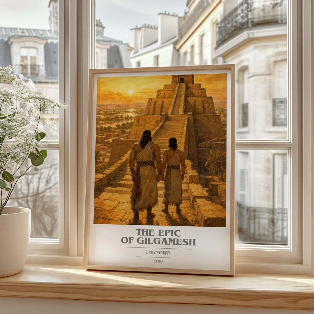 The Epic Of Gilgamesh book cover print in frame leaning in hallway – __new__:mythology wall art