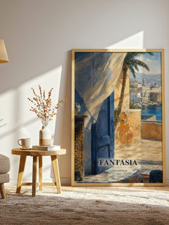 Fantasia watercolour print in frame leaning in hallway – literary fiction wall art