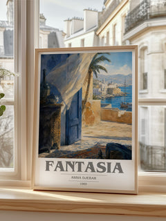 Fantasia book cover print in frame leaning in hallway – literary fiction wall art