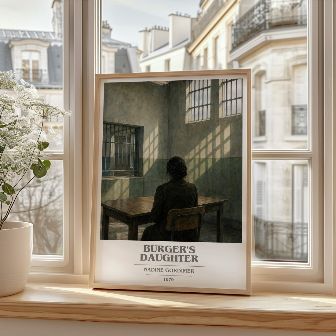 Burger's Daughter book cover print in frame leaning in hallway – literary fiction wall art