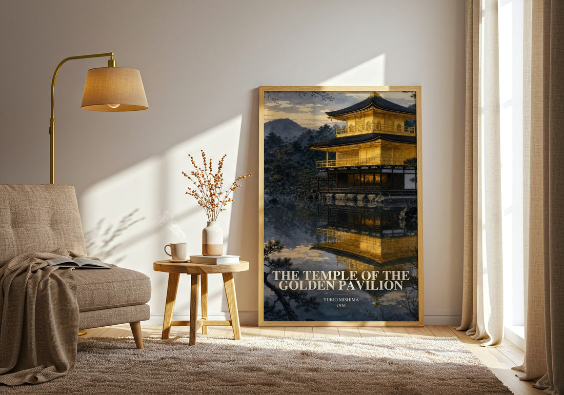 The Temple of the Golden Pavilion watercolour print in frame leaning in hallway – literary fiction wall art
