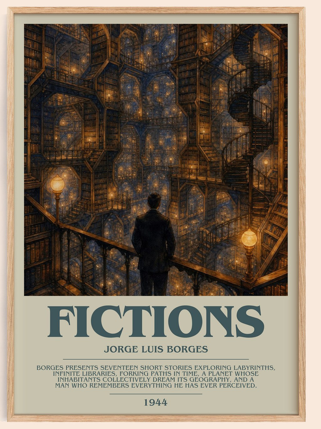 Fictions bookish book poster by Jorge Luis Borges – framed literary art print