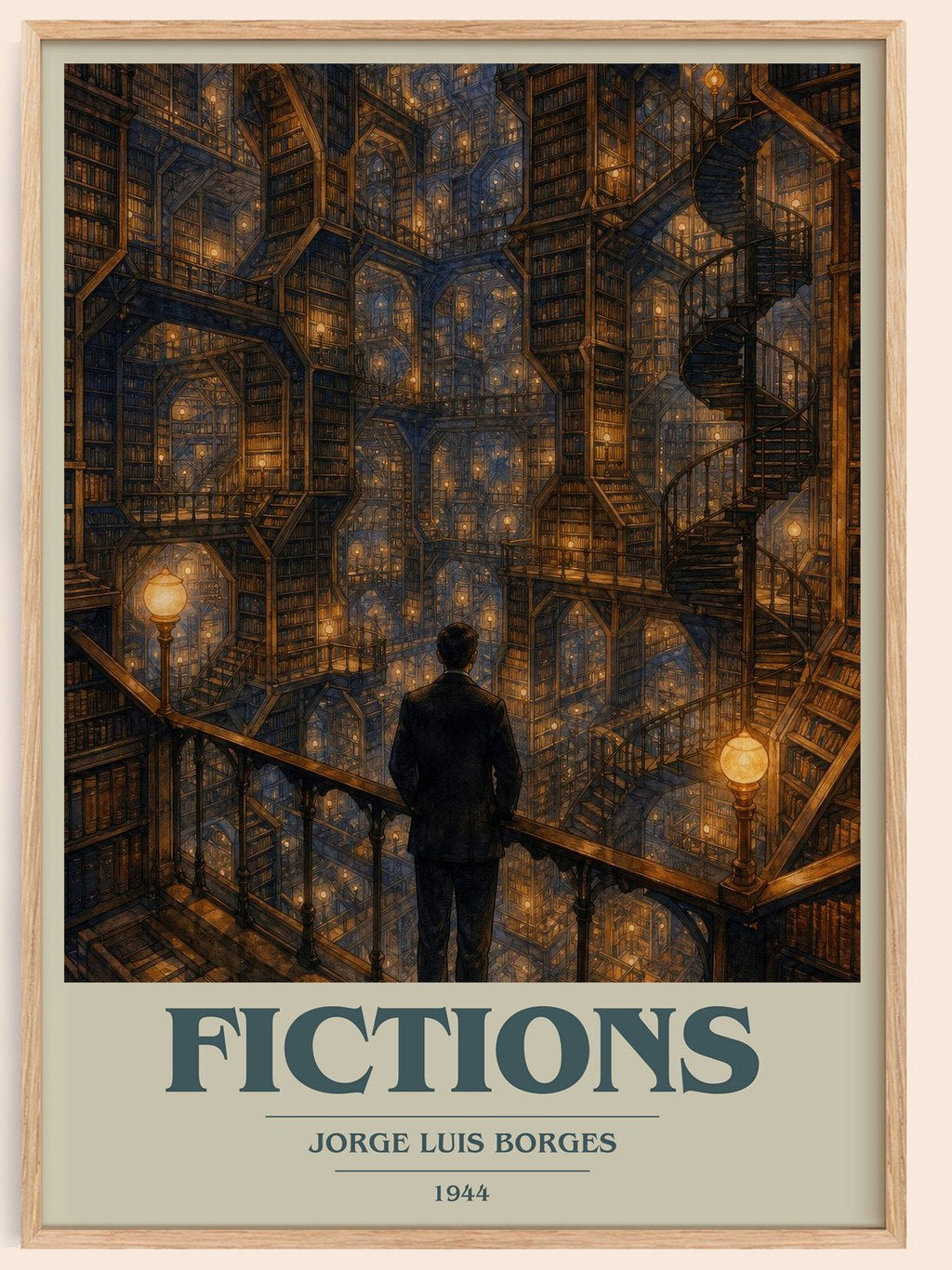 Fictions book cover book poster by Jorge Luis Borges – framed literary art print