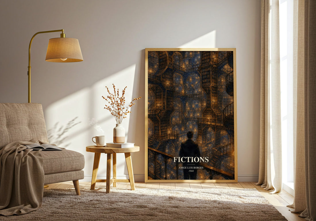 Fictions watercolour print in frame leaning in hallway – literary fiction wall art