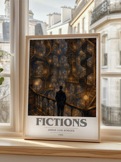 Fictions book cover print in frame leaning in hallway – literary fiction wall art
