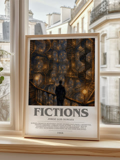 Fictions bookish print in frame leaning in hallway – literary fiction wall art