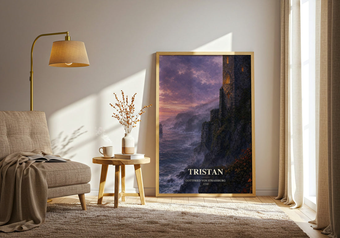 Tristan watercolour print in frame leaning in hallway – __new__:medieval romance wall art