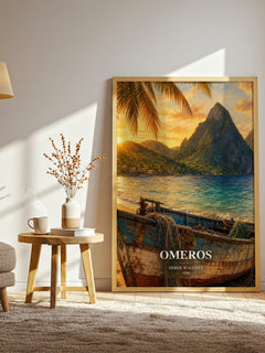 Omeros watercolour print in frame leaning in hallway – poetry wall art