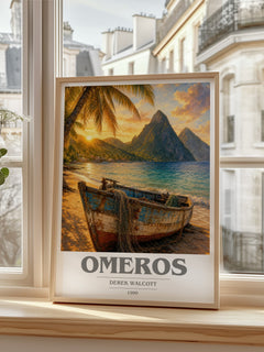 Omeros book cover print in frame leaning in hallway – poetry wall art