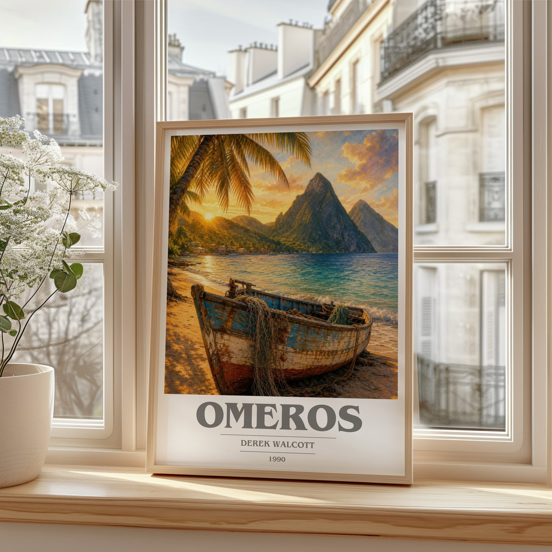 Omeros book cover print in frame leaning in hallway – poetry wall art