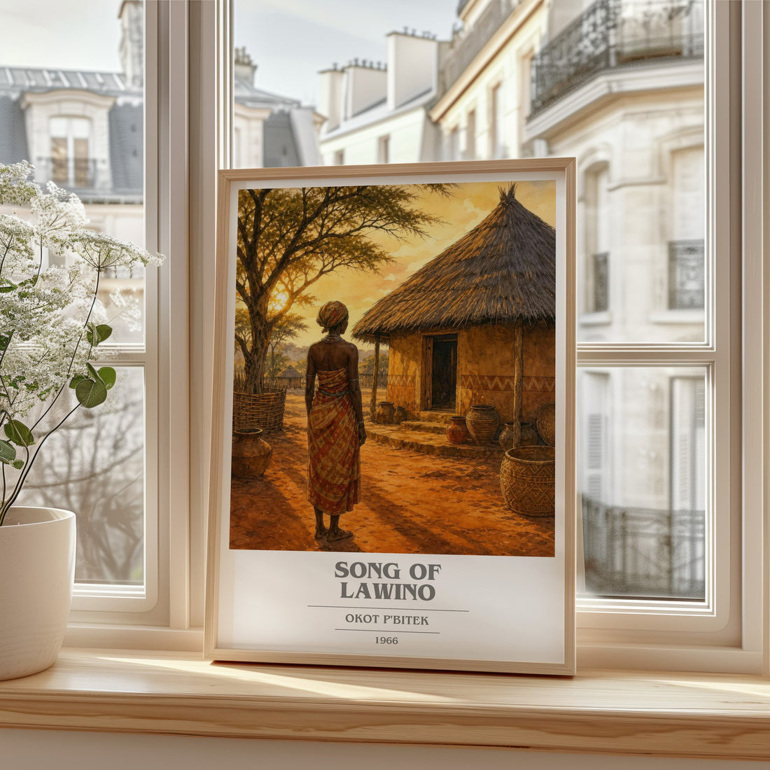 Song Of Lawino book cover print in frame leaning in hallway – poetry wall art