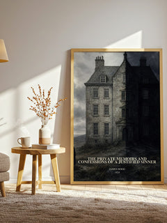 The Private Memoirs and Confessions of a Justified Sinner watercolour print in frame leaning in hallway – gothic wall art