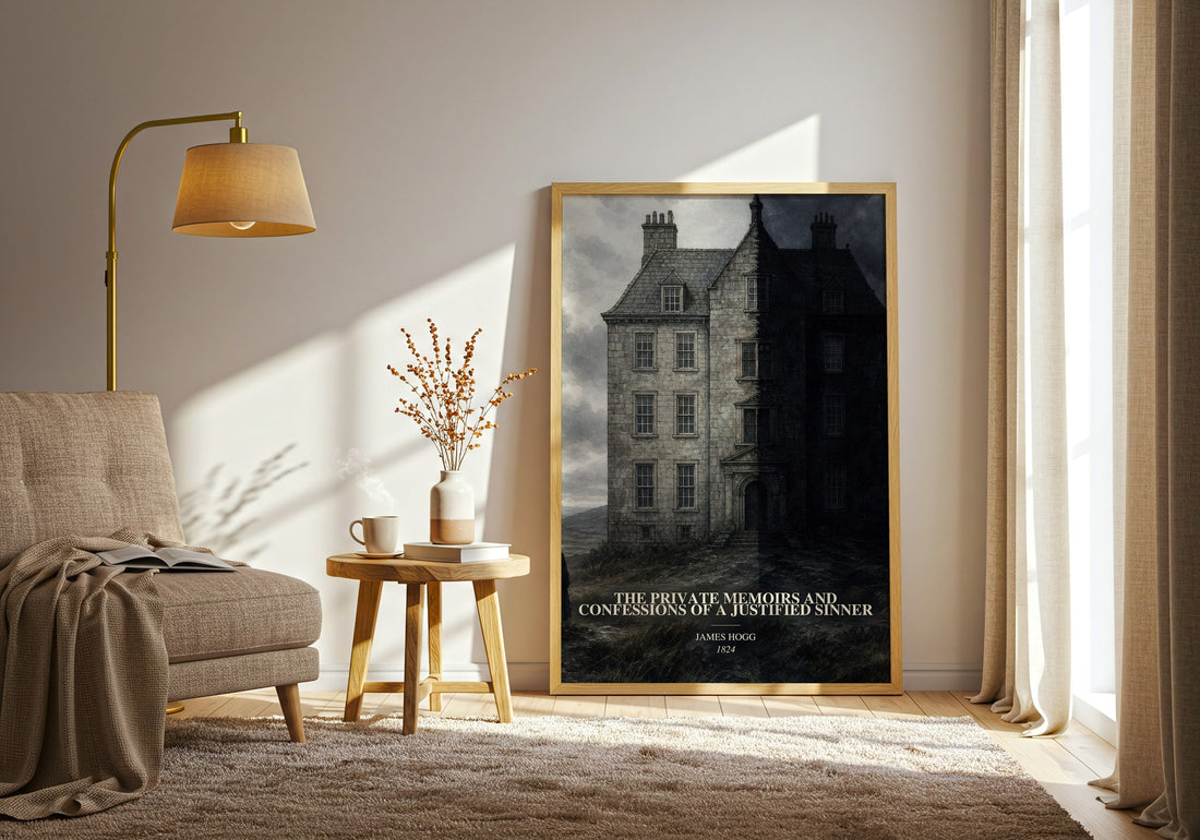 The Private Memoirs and Confessions of a Justified Sinner watercolour print in frame leaning in hallway – gothic wall art