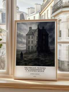 The Private Memoirs and Confessions of a Justified Sinner book cover print in frame leaning in hallway – gothic wall art