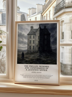 The Private Memoirs and Confessions of a Justified Sinner bookish print in frame leaning in hallway – gothic wall art