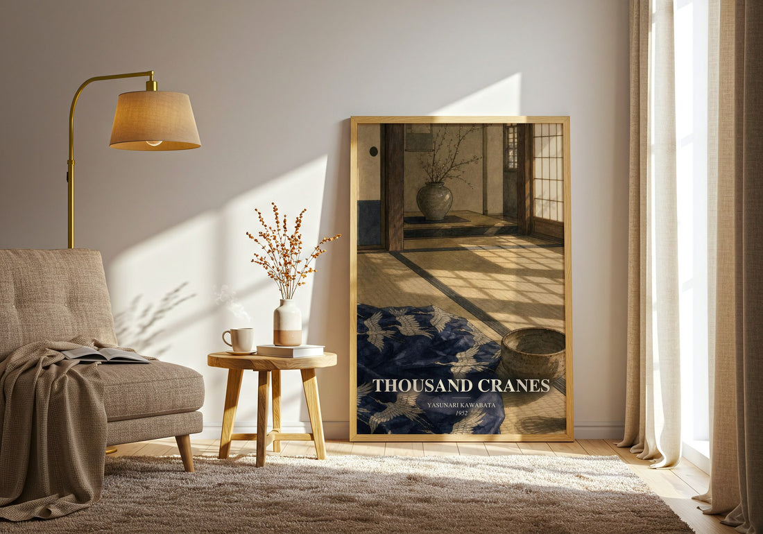 Thousand Cranes watercolour print in frame leaning in hallway – literary fiction wall art