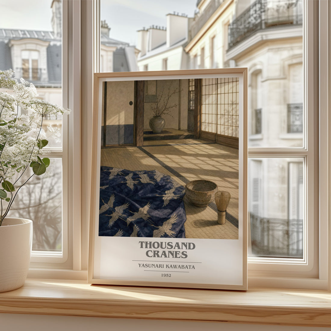 Thousand Cranes book cover print in frame leaning in hallway – literary fiction wall art