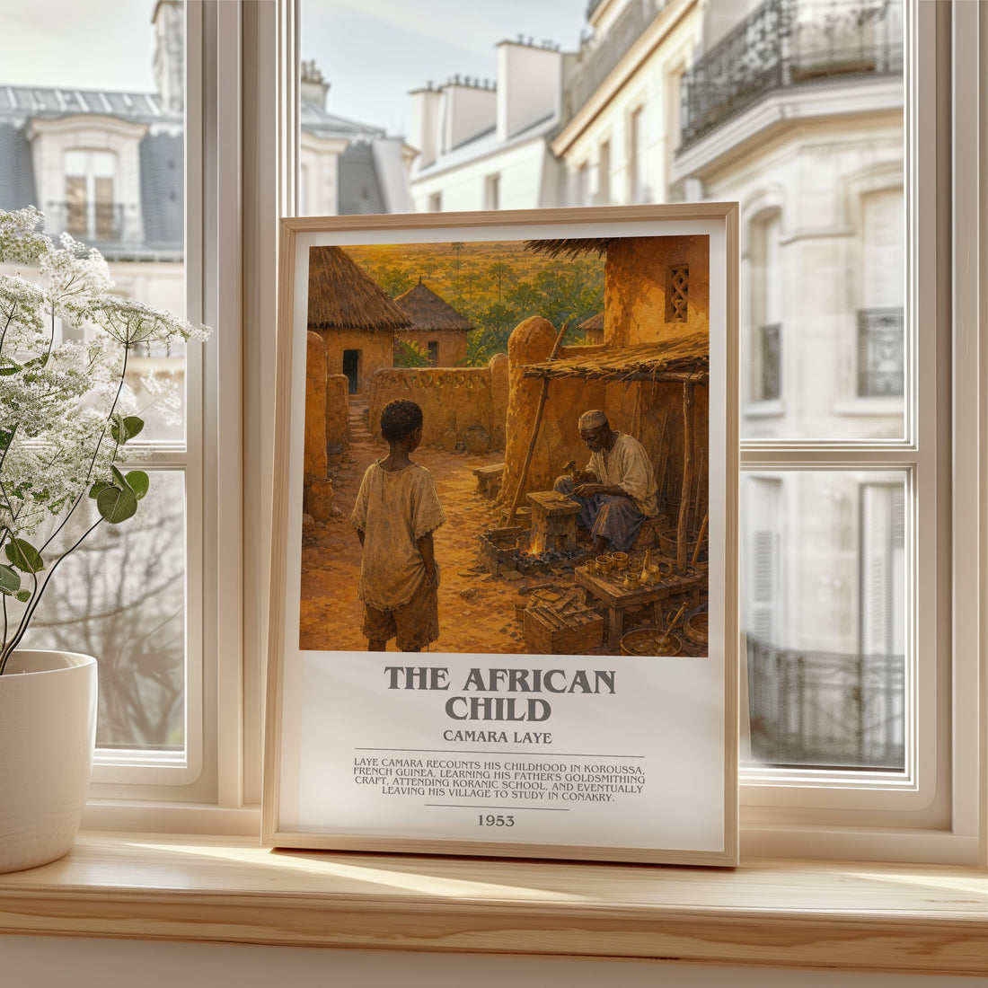 The African Child bookish print in frame leaning in hallway – memoir wall art