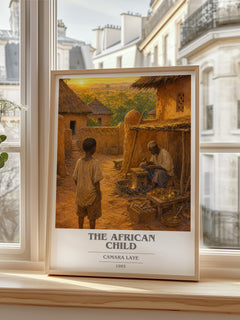 The African Child book cover print in frame leaning in hallway – memoir wall art