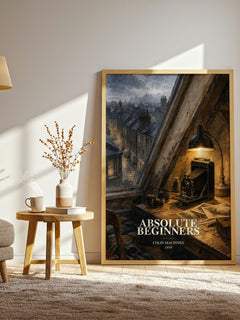 Absolute Beginners watercolour print in frame leaning in hallway – literary fiction wall art