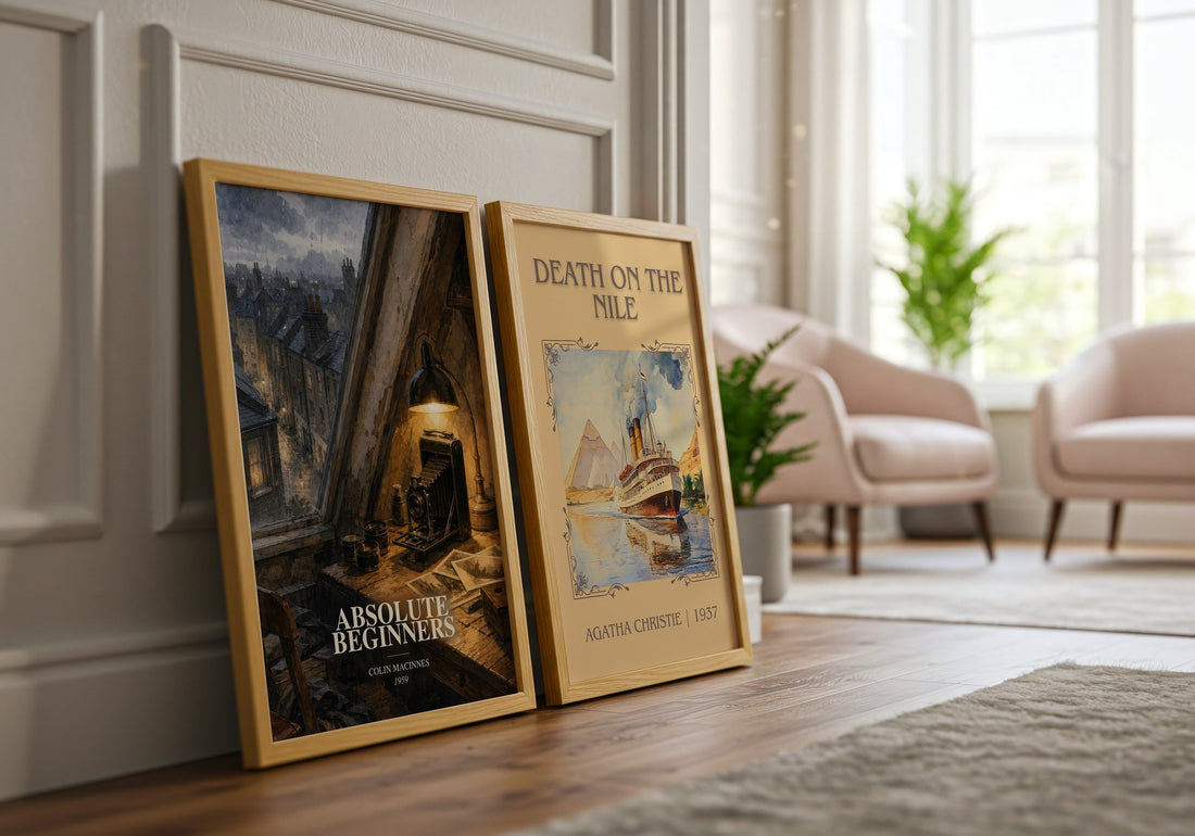 Absolute Beginners watercolour print framed by window – literary home decor