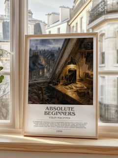 Absolute Beginners bookish print in frame leaning in hallway – literary fiction wall art