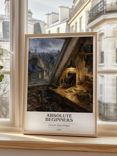 Absolute Beginners book cover print in frame leaning in hallway – literary fiction wall art