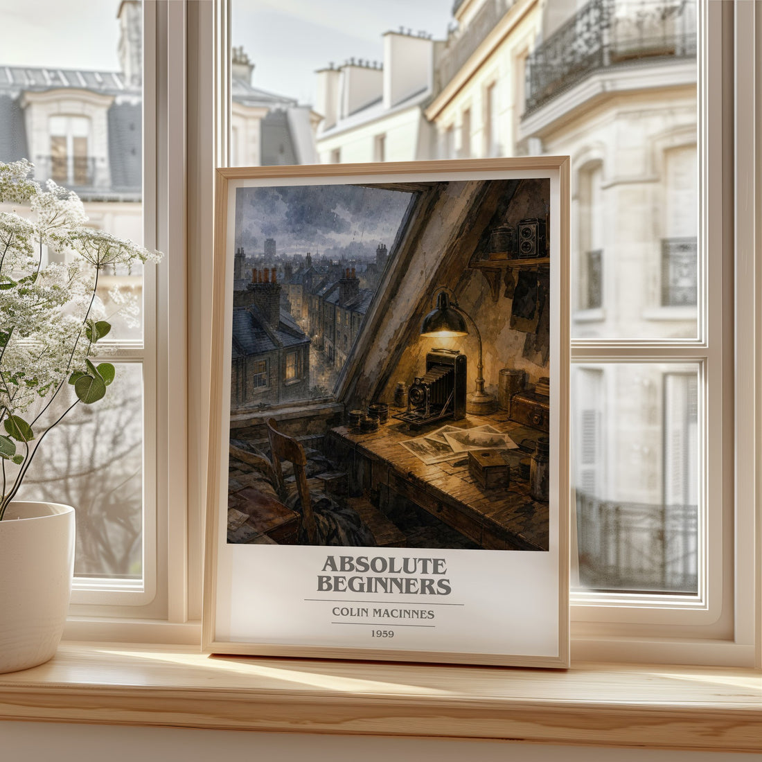 Absolute Beginners book cover print in frame leaning in hallway – literary fiction wall art