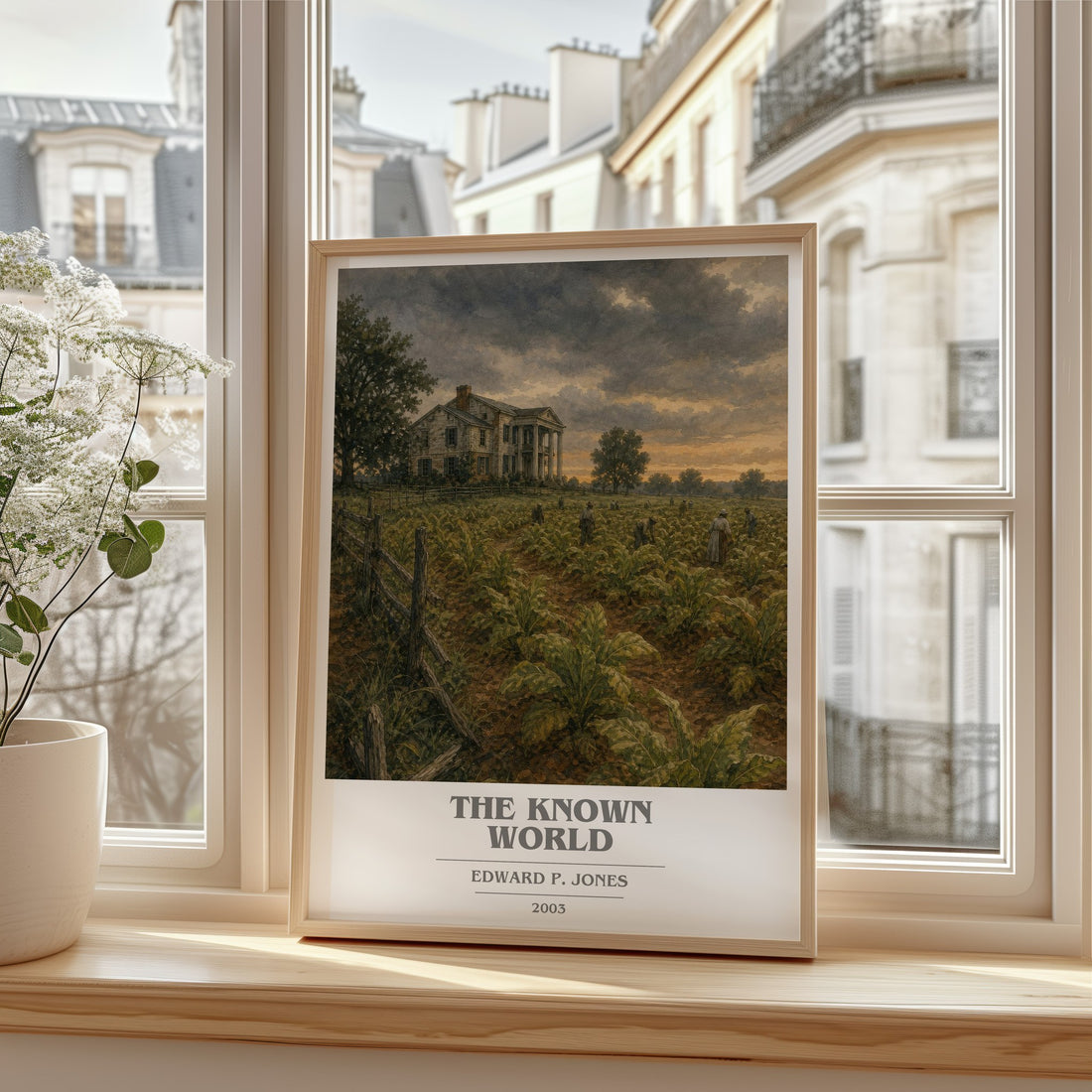 The Known World book cover print in frame leaning in hallway – literary fiction wall art