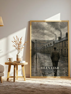 Billy Liar watercolour print in frame leaning in hallway – satire wall art