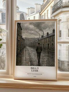 Billy Liar book cover print in frame leaning in hallway – satire wall art