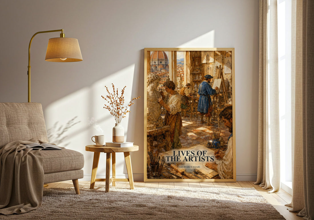 Lives of the Artists watercolour print in frame leaning in hallway – non fiction wall art