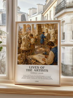 Lives of the Artists bookish print in frame leaning in hallway – non fiction wall art