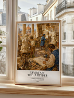 Lives of the Artists book cover print in frame leaning in hallway – non fiction wall art