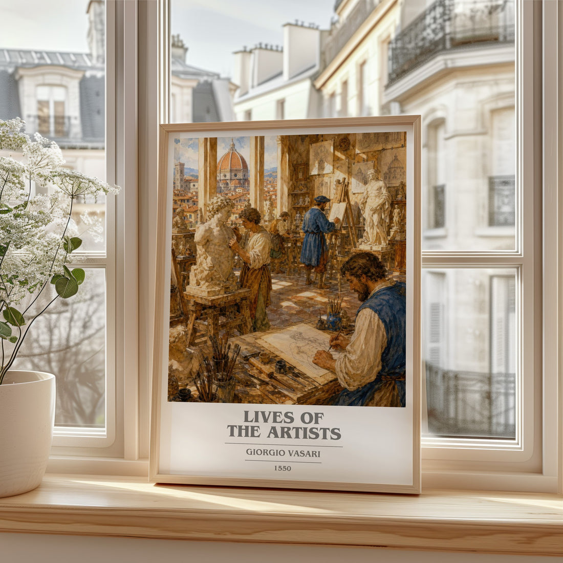 Lives of the Artists book cover print in frame leaning in hallway – non fiction wall art