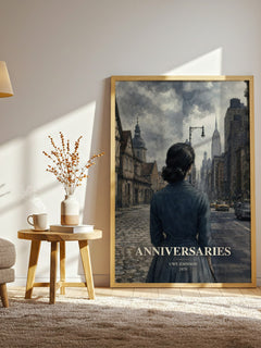 Anniversaries watercolour print in frame leaning in hallway – literary fiction wall art