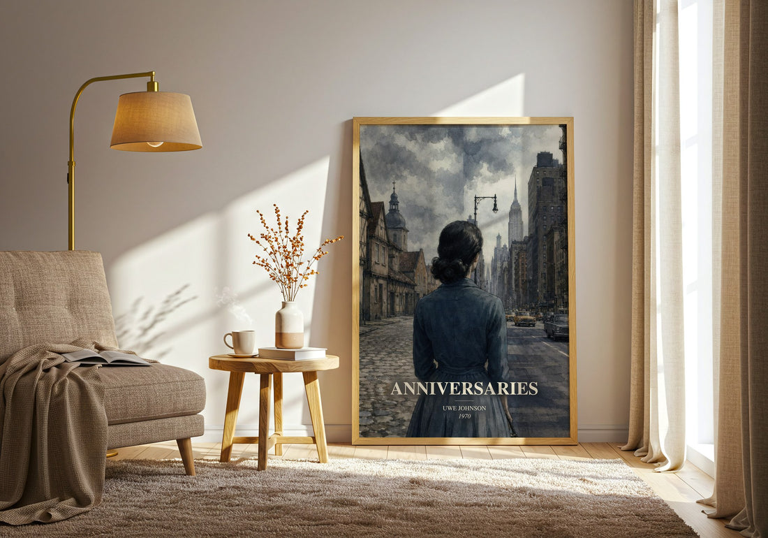 Anniversaries watercolour print in frame leaning in hallway – literary fiction wall art