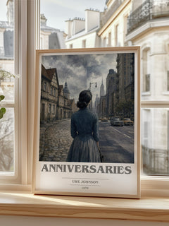 Anniversaries book cover print in frame leaning in hallway – literary fiction wall art