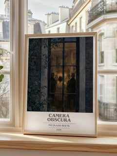 Camera Obscura book cover print in frame leaning in hallway – classic literature wall art