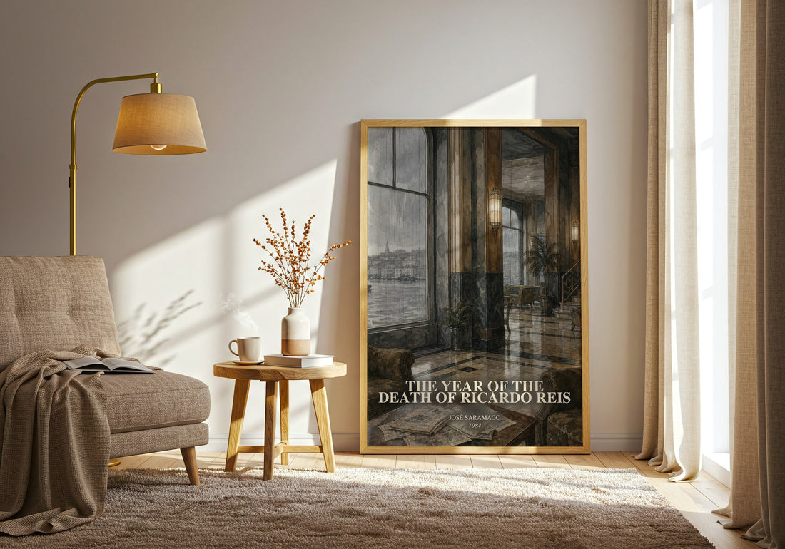 The Year of the Death of Ricardo Reis watercolour print in frame leaning in hallway – literary fiction wall art
