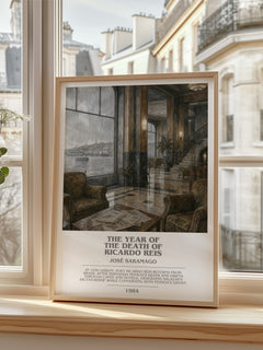 The Year of the Death of Ricardo Reis bookish print in frame leaning in hallway – literary fiction wall art