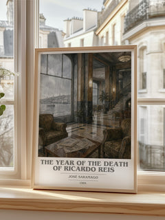 The Year of the Death of Ricardo Reis book cover print in frame leaning in hallway – literary fiction wall art