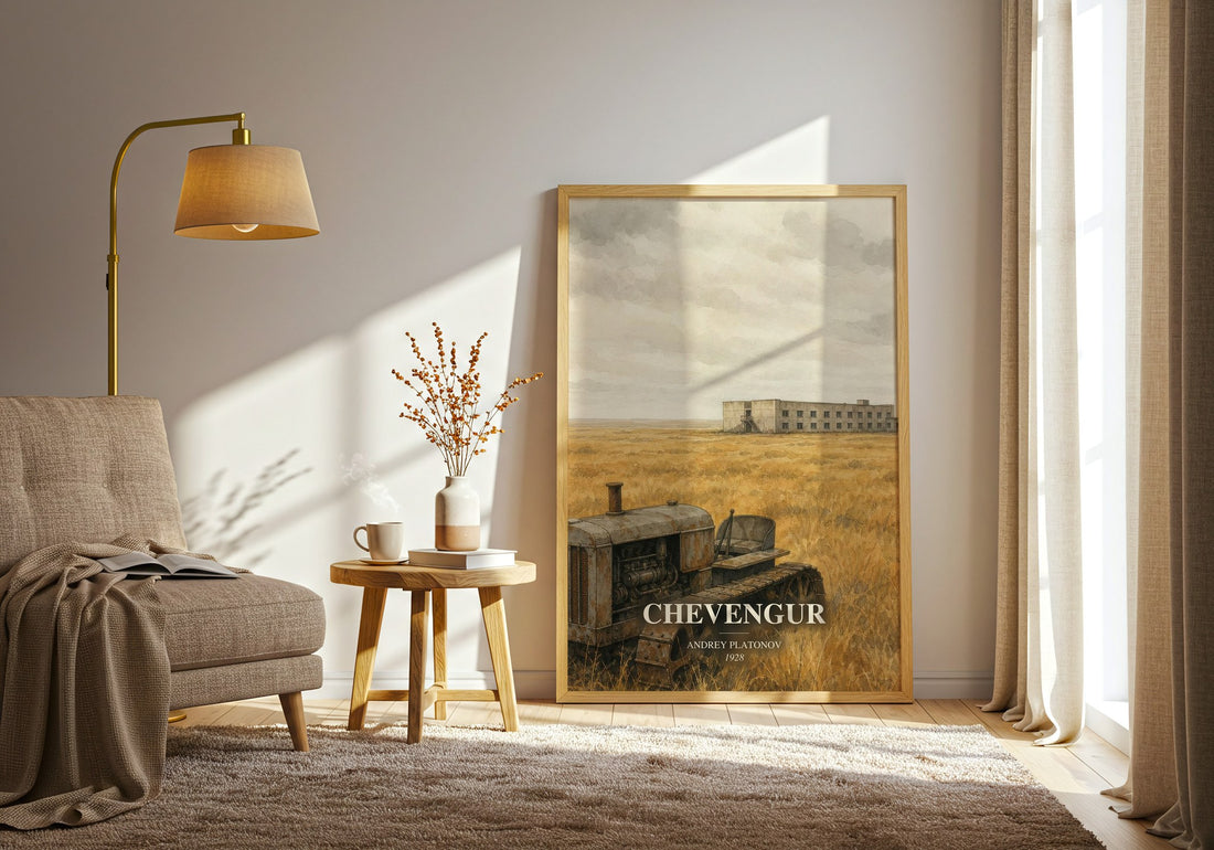Chevengur watercolour print in frame leaning in hallway – literary fiction wall art