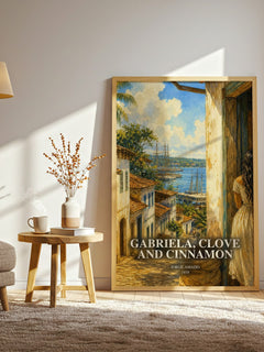 Gabriela, Clove and Cinnamon watercolour print in frame leaning in hallway – literary fiction wall art