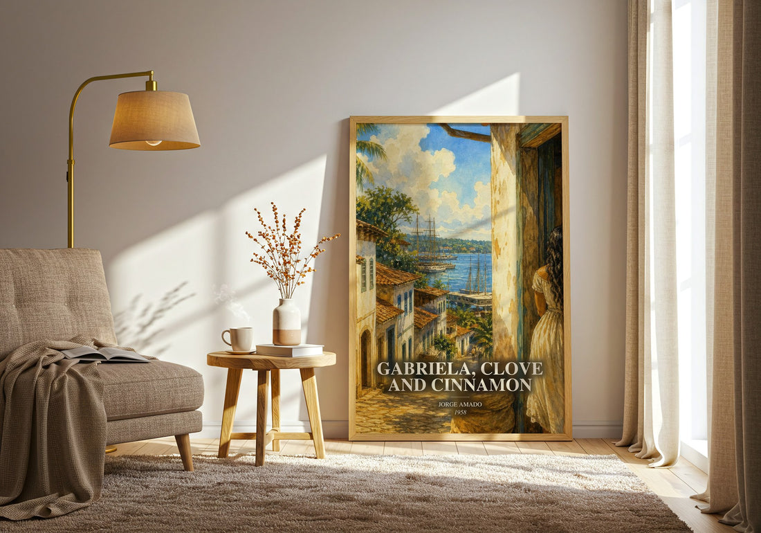 Gabriela, Clove and Cinnamon watercolour print in frame leaning in hallway – literary fiction wall art