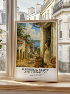 Gabriela, Clove and Cinnamon book cover print in frame leaning in hallway – literary fiction wall art