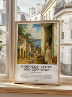 Gabriela, Clove and Cinnamon bookish print in frame leaning in hallway – literary fiction wall art