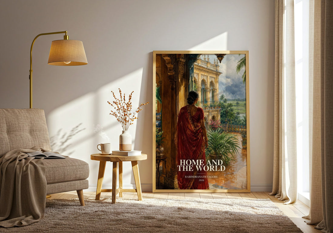Home and the World watercolour print in frame leaning in hallway – literary fiction wall art