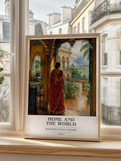 Home and the World book cover print in frame leaning in hallway – literary fiction wall art