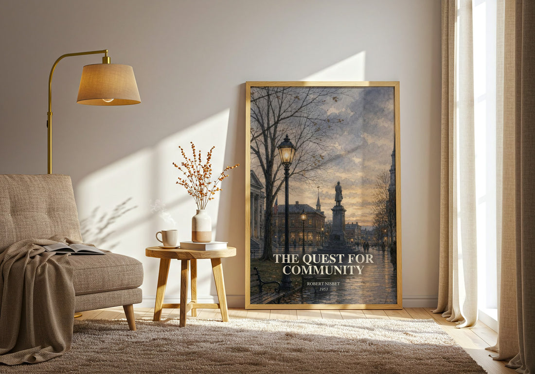 The Quest for Community watercolour print in frame leaning in hallway – philosophy wall art
